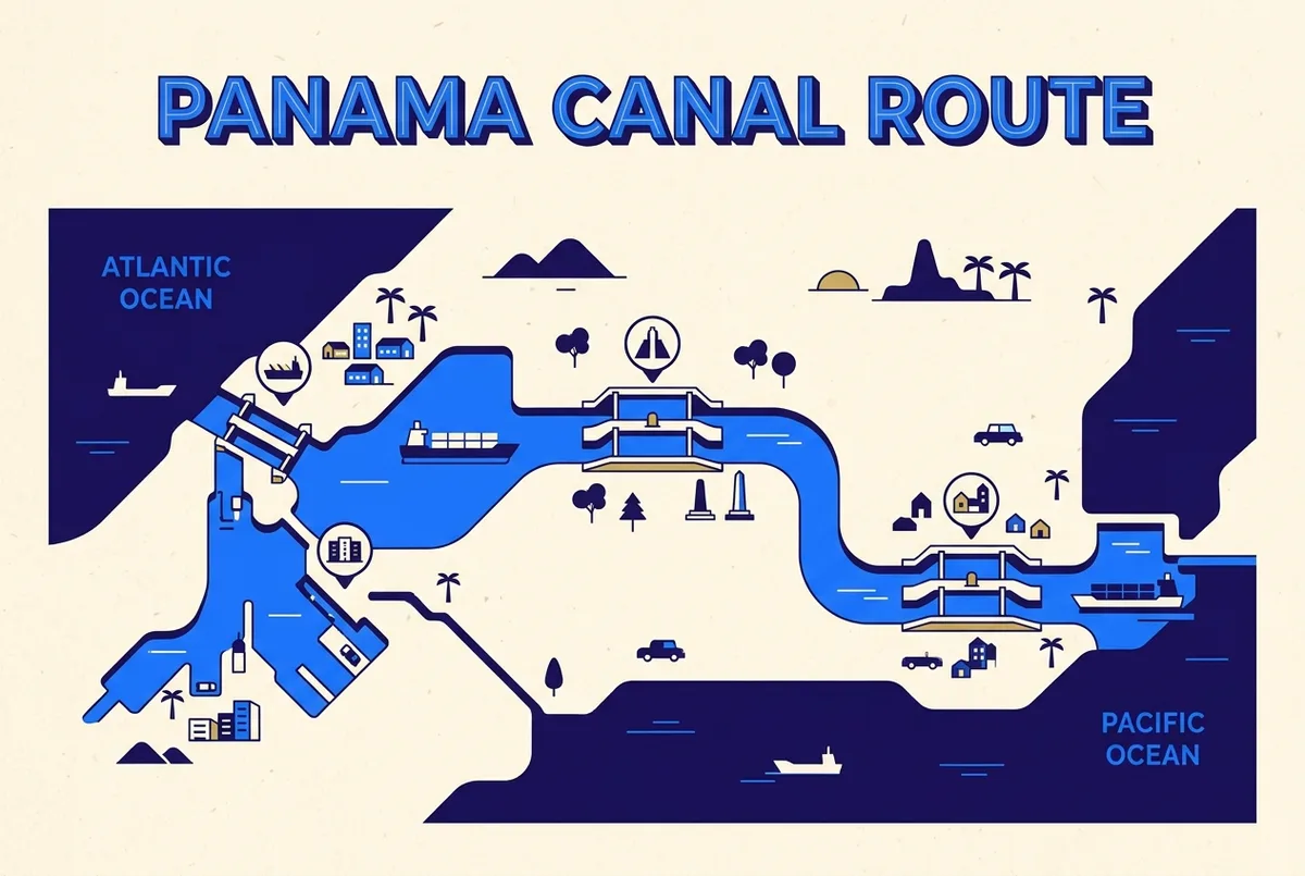 Simple timeline infographic showing a ship's canal crossing route from the Atlantic entrance to the Pacific exit, passing Gatun, Pedro Miguel and Miraflores, labeled stops, clean minimal style