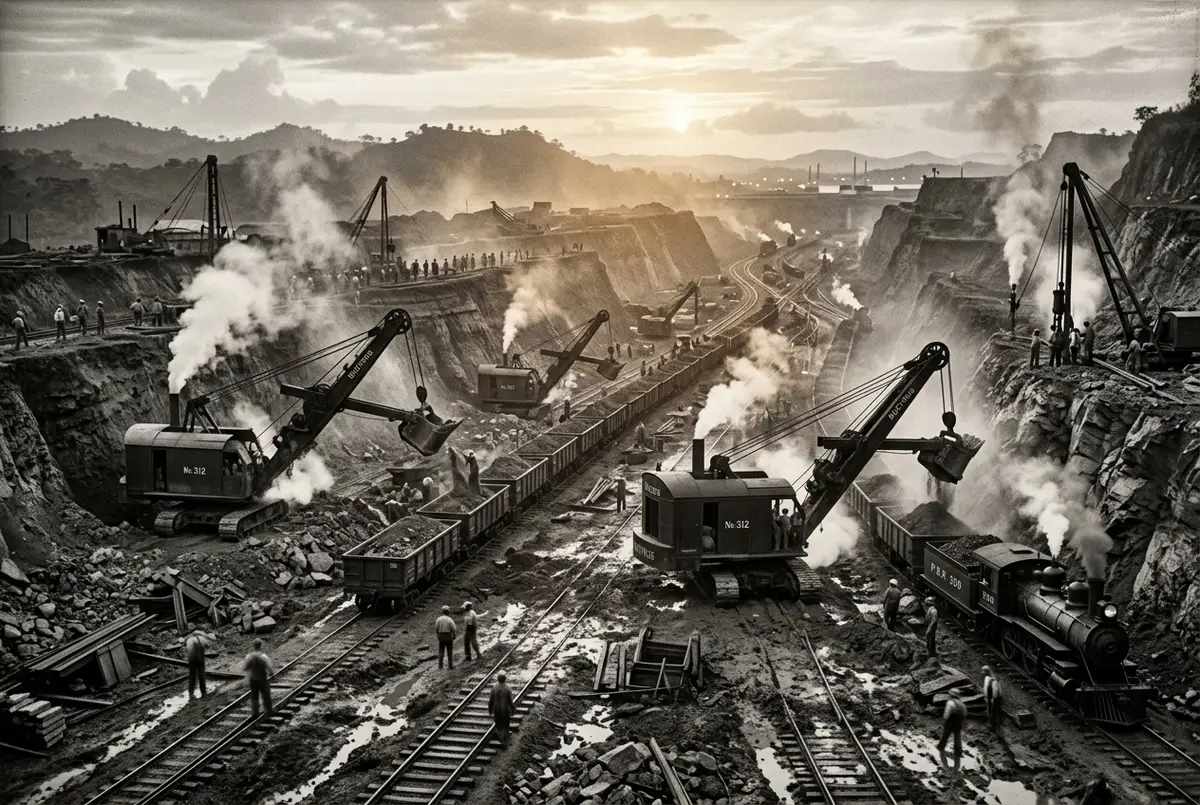 Historic style wide shot of steam-era construction equipment at the Panama Canal excavation site, dramatic early morning light, documentary tone