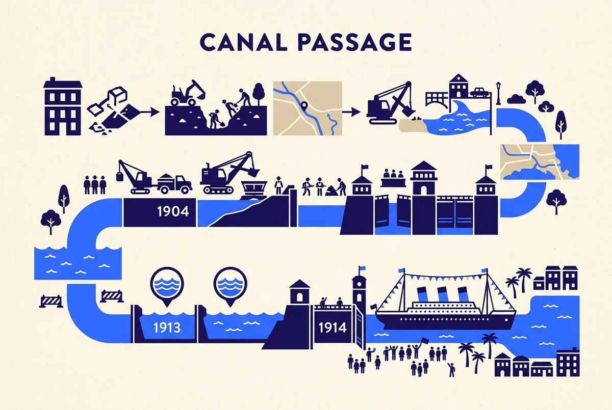 Simple timeline infographic showing the French canal attempt in the 1880s, US construction starting in 1904, the 1913 flooding event, and the 1914 opening, clean flat icon style