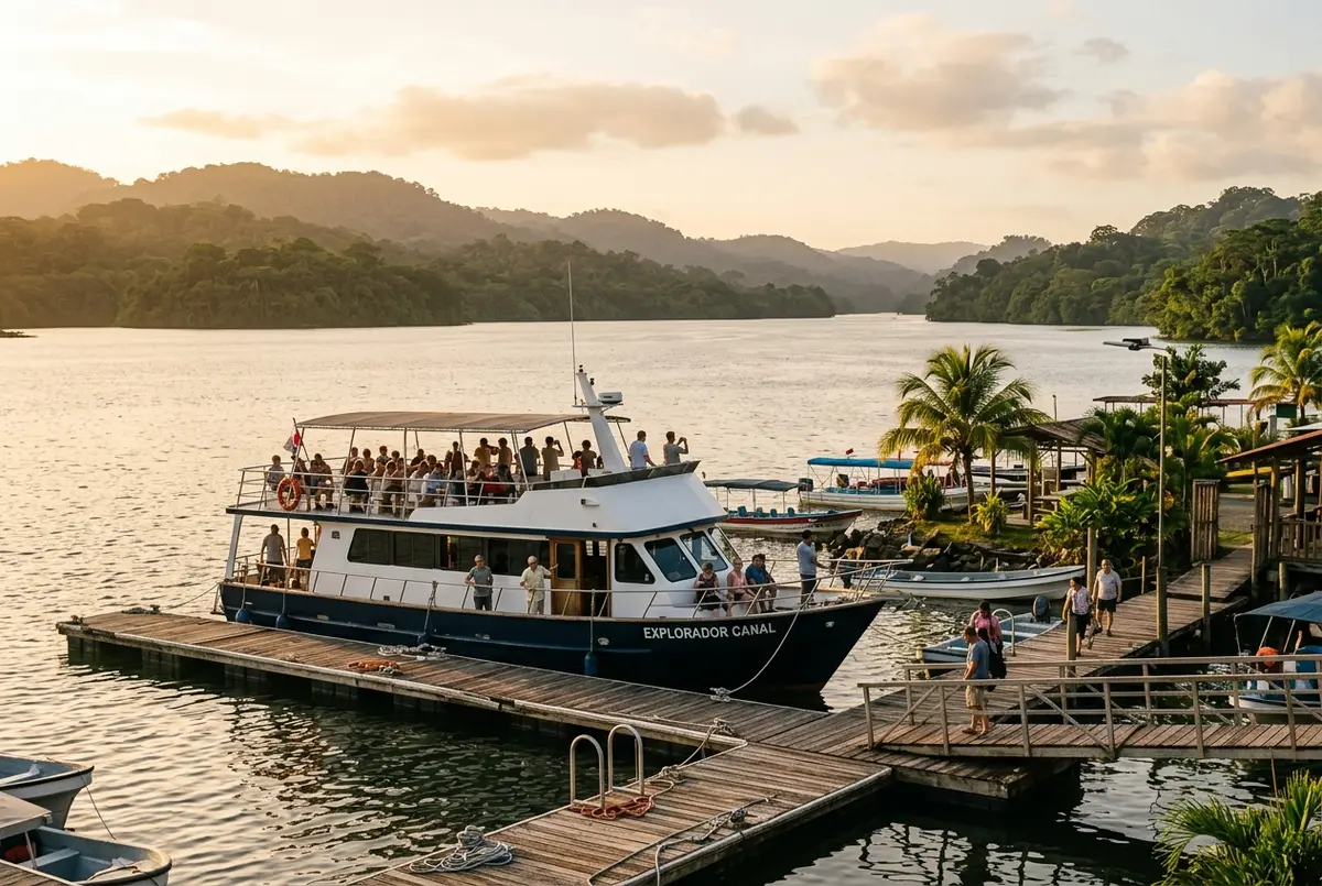 A Panama canal tour boat docked at Gamboa Marina at golden hour with Gatun Lake and forested hills behind it