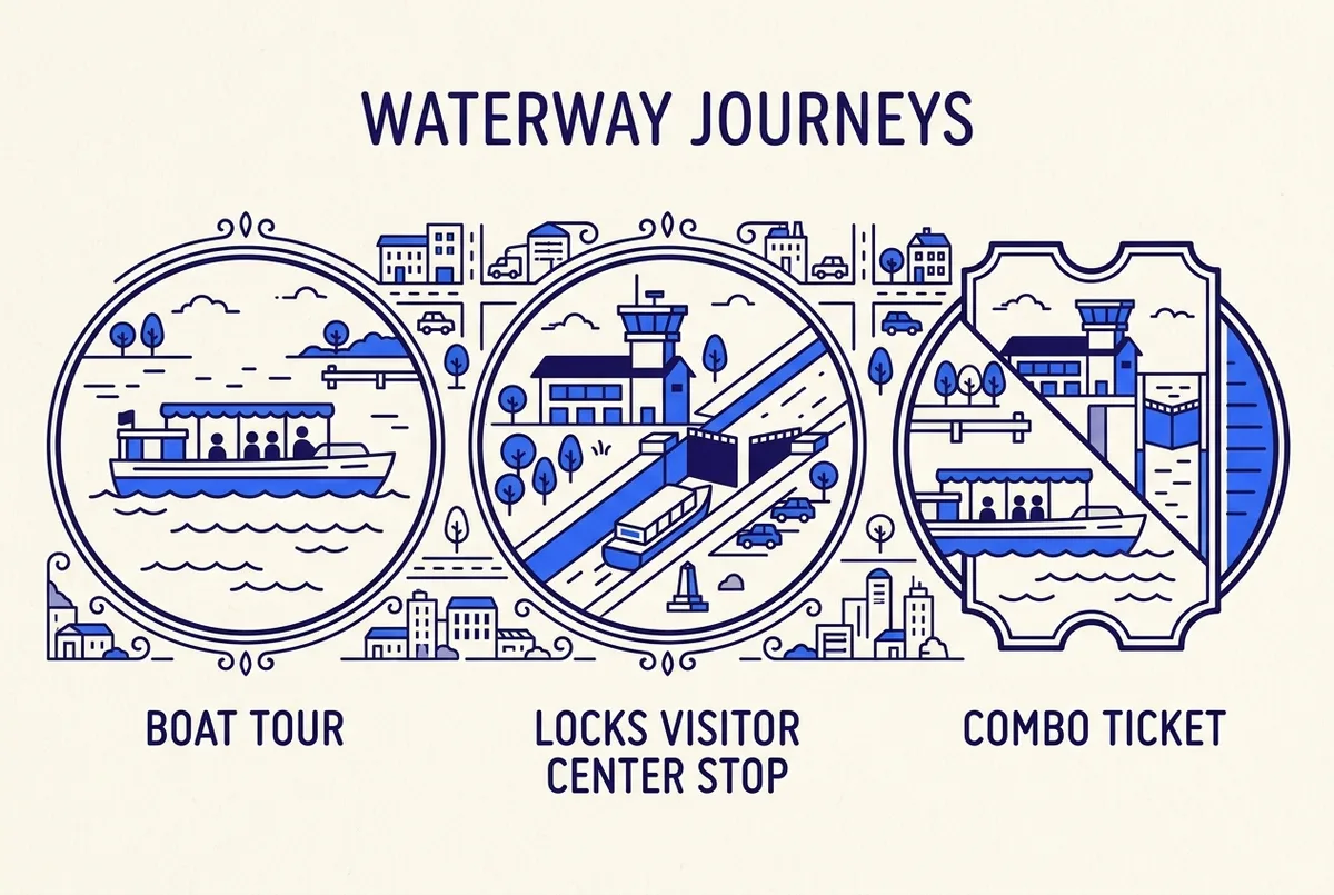 Simple comparison infographic showing icons for a boat tour, a locks visitor center stop, and a combo ticket, generic labeled categories, clean flat style