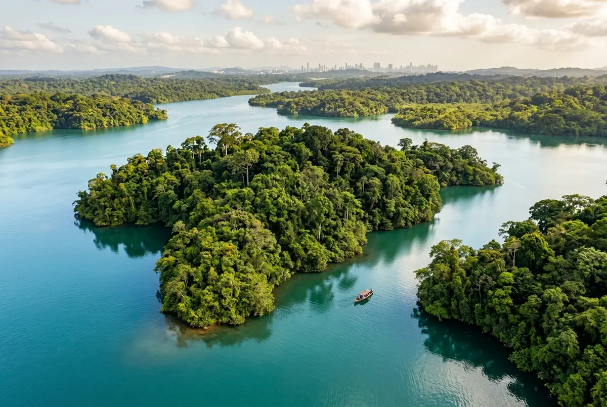 Aerial style view of small forested islands surrounded by calm water, representing what Monkey Island is in Panama's Gatun Lake