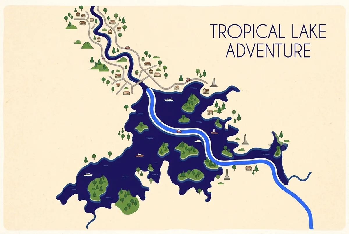 Simple labeled diagram showing a flooded river valley becoming Gatun Lake, with isolated forested hilltops marked as islands, clean educational infographic style