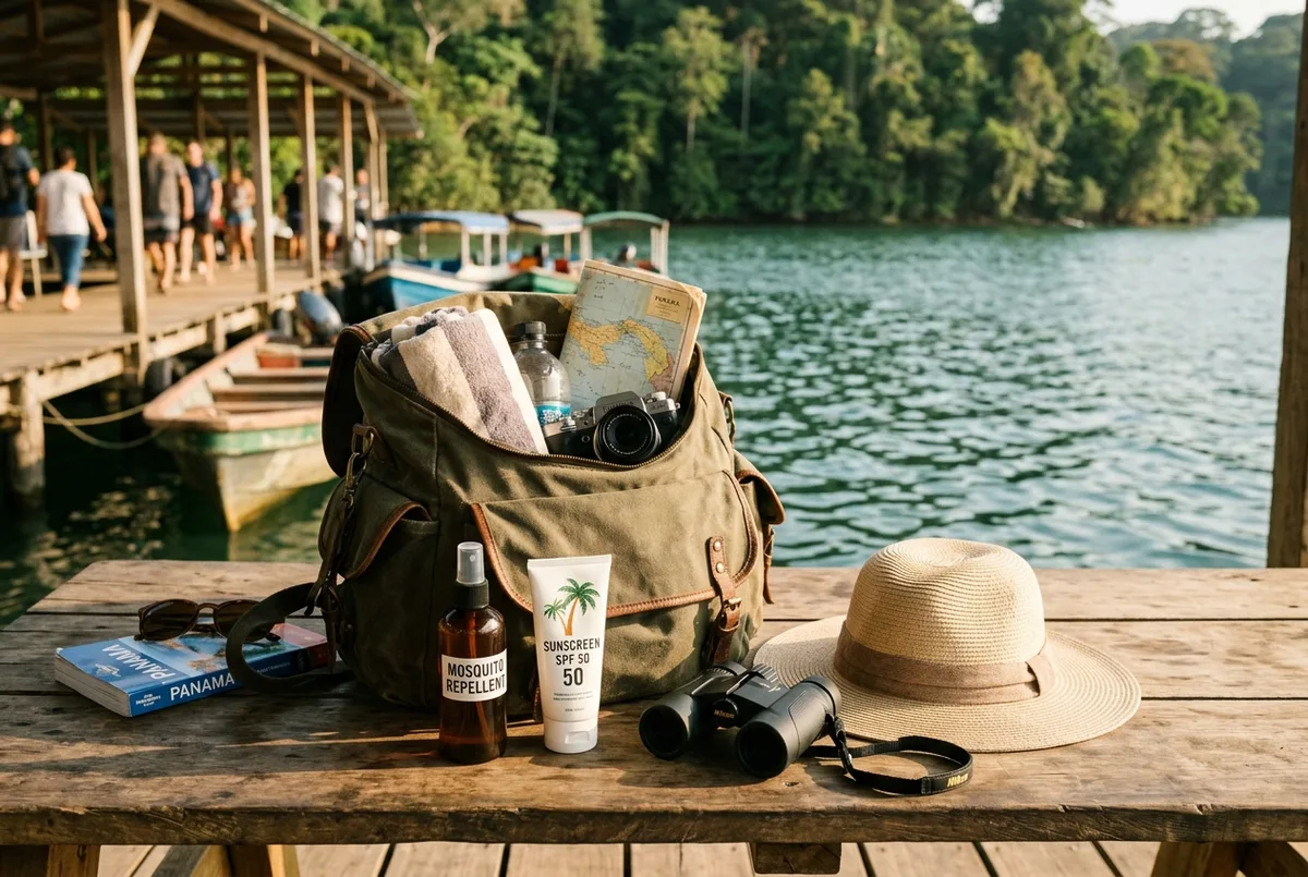 Packed day bag with insect repellent, sunscreen, a hat and binoculars laid out before a Monkey Island tour, what to bring monkey island tour