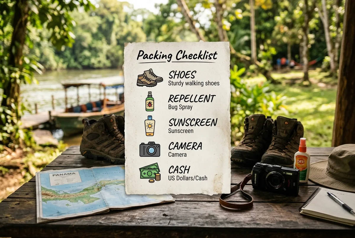 Simple packing checklist graphic for a Monkey Island tour showing shoes, repellent, sunscreen, camera and cash, labeled icons, no prices