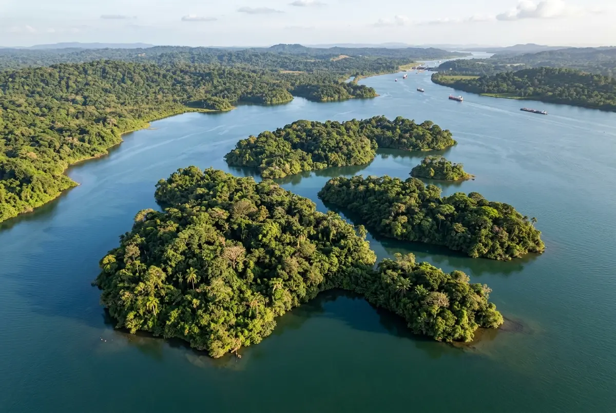 Aerial map style view of forested islands clustered inside Gatun Lake near Gamboa, showing the inland freshwater setting of Monkey Island, Panama