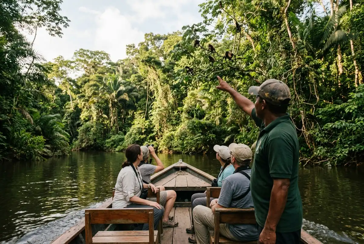 Boat guide pointing toward wild monkeys in the rainforest canopy while tourists watch from a riverboat near Panama's Monkey Island
