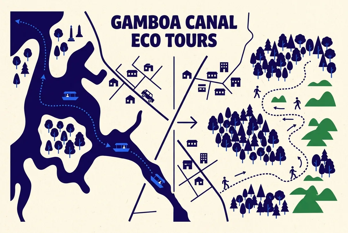 Simple labeled map comparing the Gatun Lake Monkey Island boat route near Gamboa against Soberania National Park's hiking trails, clean infographic style