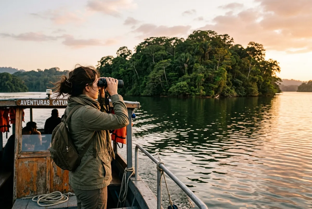 Traveler on an open riverboat holding binoculars toward a forested island on Gatun Lake, scanning for wild monkeys at golden hour