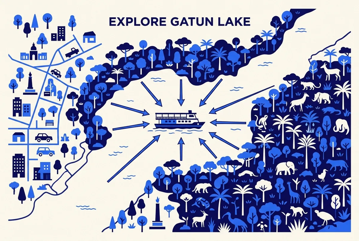 Illustrated diagram of a riverboat on Gatun Lake with arrows pointing from the shoreline canopy toward the boat, labeled with capuchin, howler and tamarin sighting zones, clean infographic style