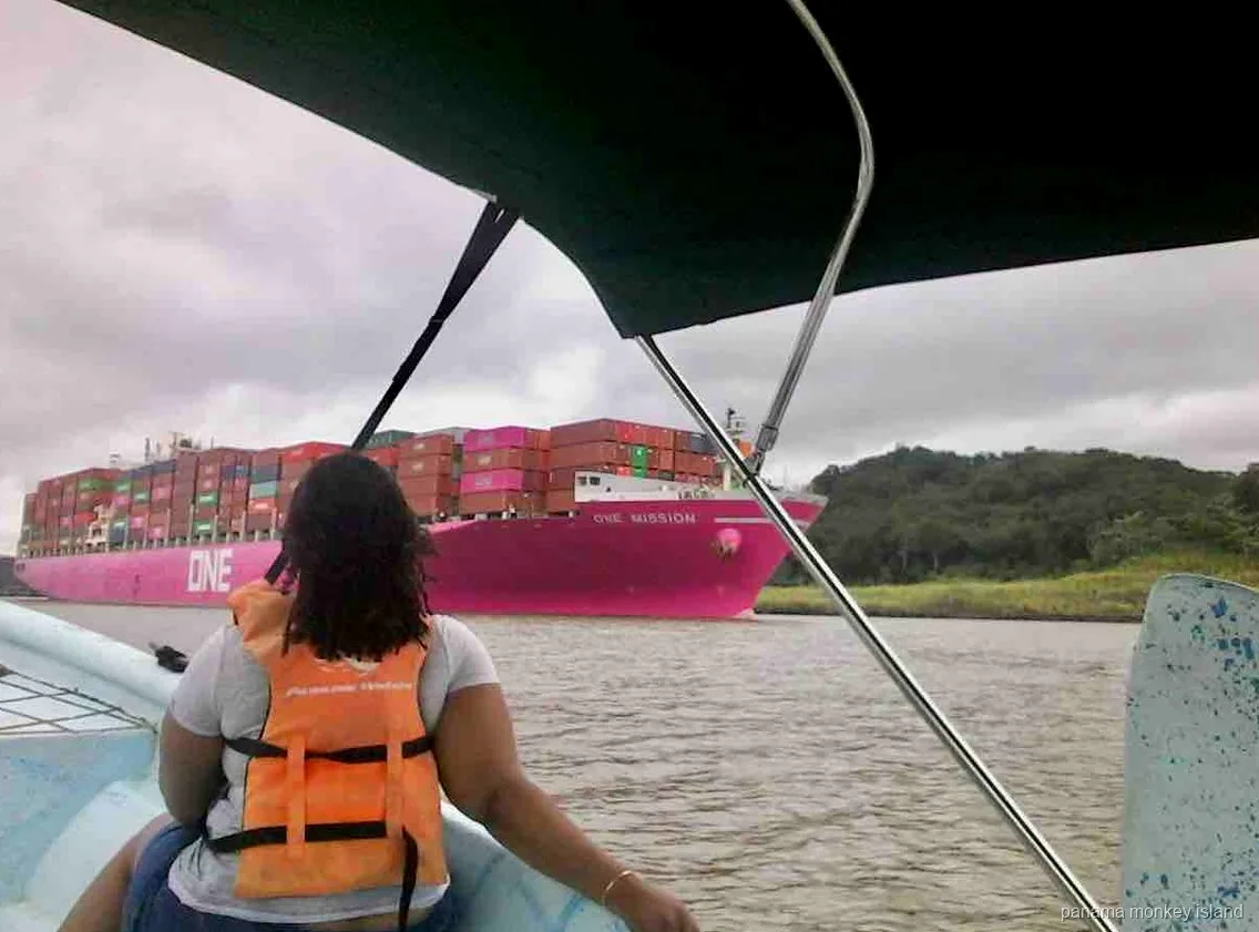 Buque portacontenedores rosado pasando junto al bote del tour panama monkey island en el Canal de Panamá